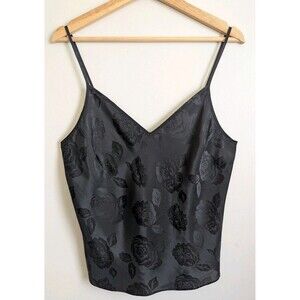 Black Satin Camisole Top Size L Floral Jacquard Flowy Shimmer Silky Tank V-neck